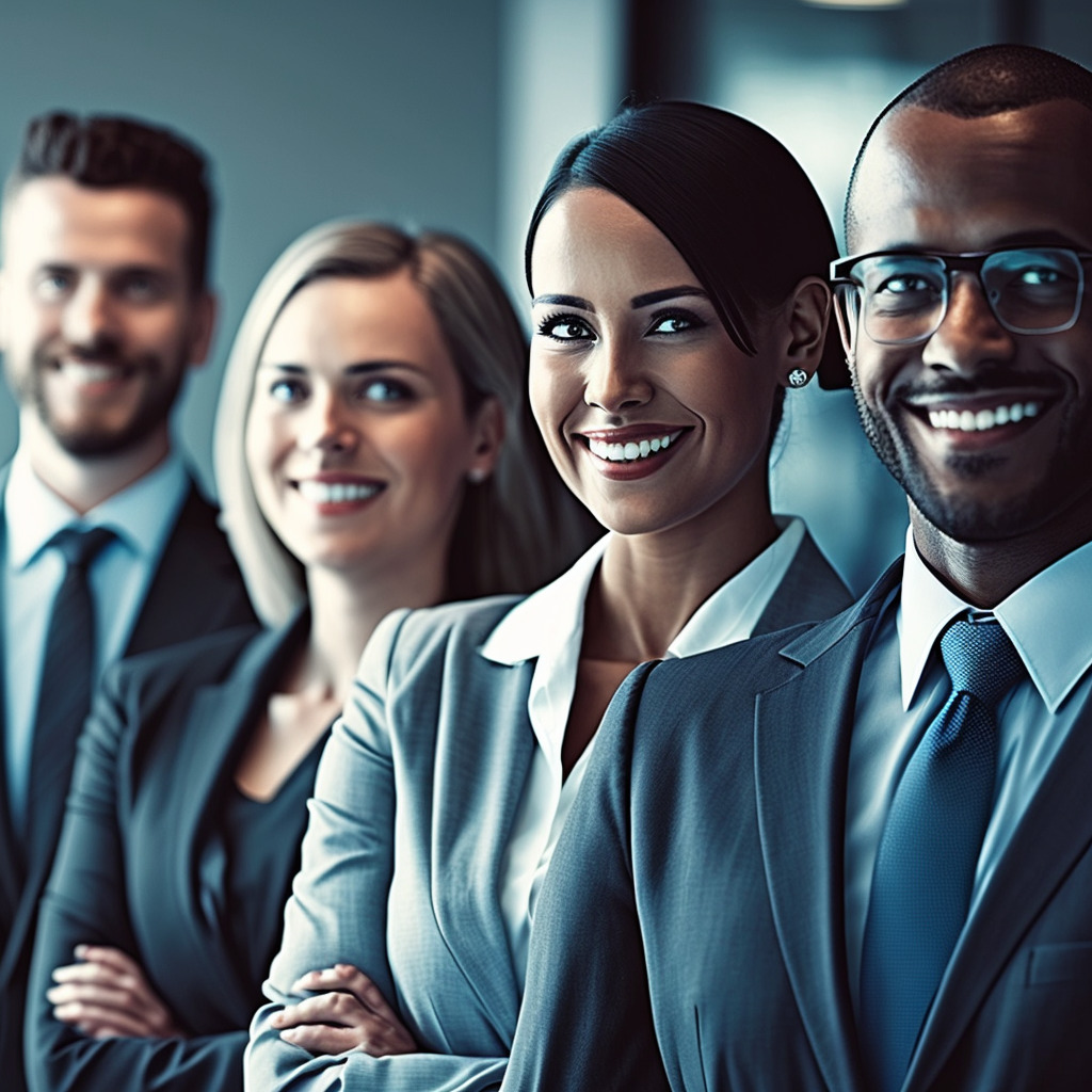 **employees lined up smiling in business attire in an office environment** - Upscaled by (fast)